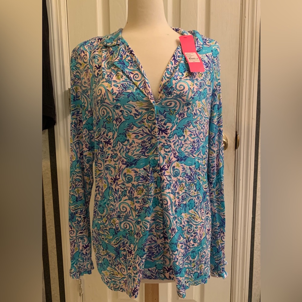 NWT Lilly Pulitzer Ruffle PJ Button-Up Top,  Monkey Sea Print, Size L